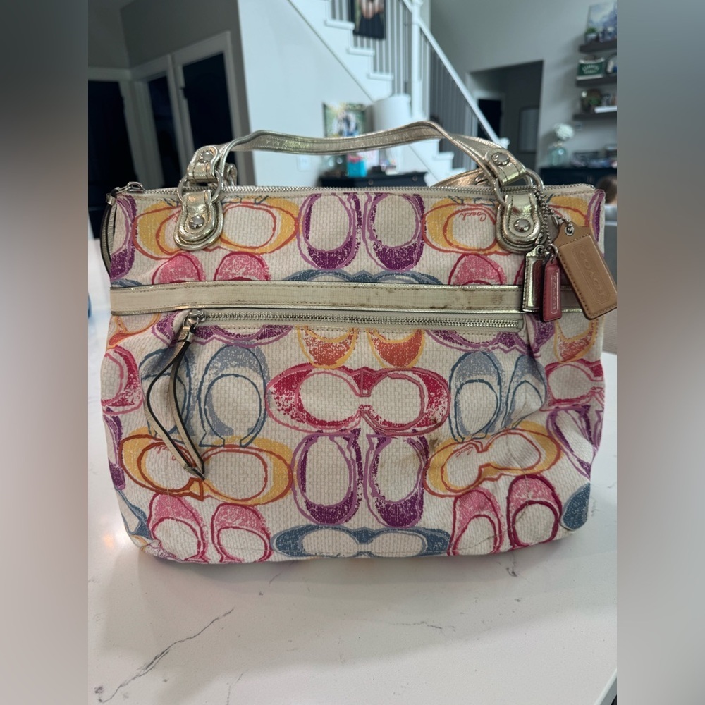 Coach Multicolor Logo Satchel Poppy Shoulder Bag with Gold Accents 19023